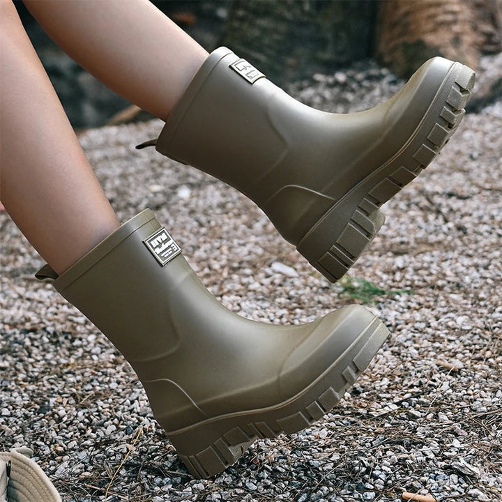 Women's waterproof Chelsea boots featuring a robust block heel and anti-slip tread sole.
