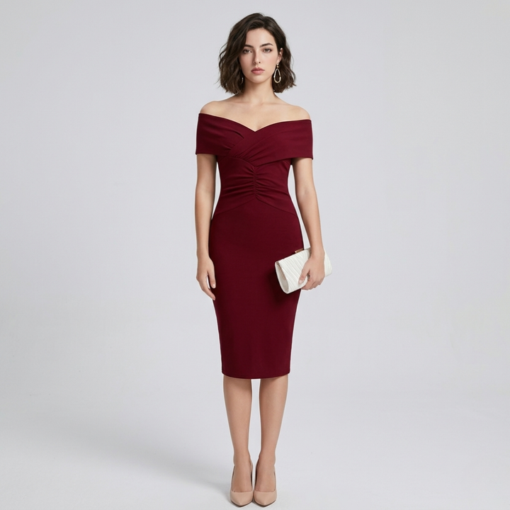 Women's sculpting off-shoulder V-neck bodycon bandage dress, perfect for elegant parties.