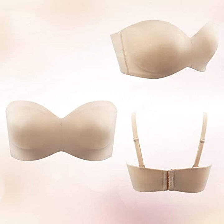 High-quality women's seamless bandeau bra, featuring removable and adjustable straps for adaptable wear.