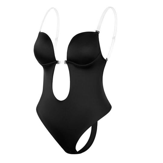 Women's deep V backless shapewear bodysuit, perfect for formal or bridal outfits. Offers seamless elegance & tummy control.