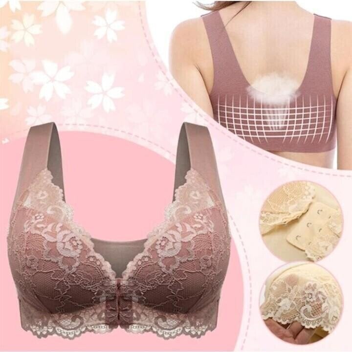 Women's seamless lace sports bra with front closure. Wireless design for ultimate comfort & support.