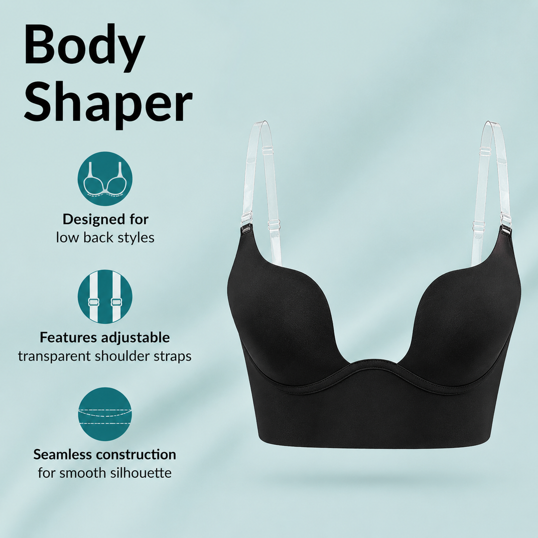 Invisible seamless low back bra, perfect for backless dresses and tops. Features adjustable & clear straps.