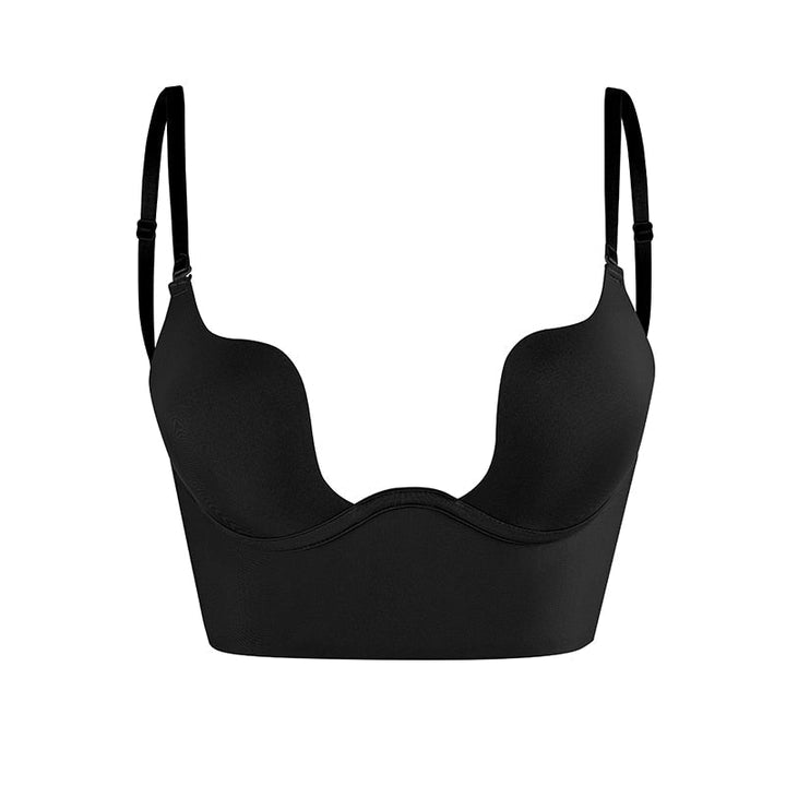 Convertible seamless plunge bra for women with adjustable & clear straps. Wear as low back, strapless, or halter.