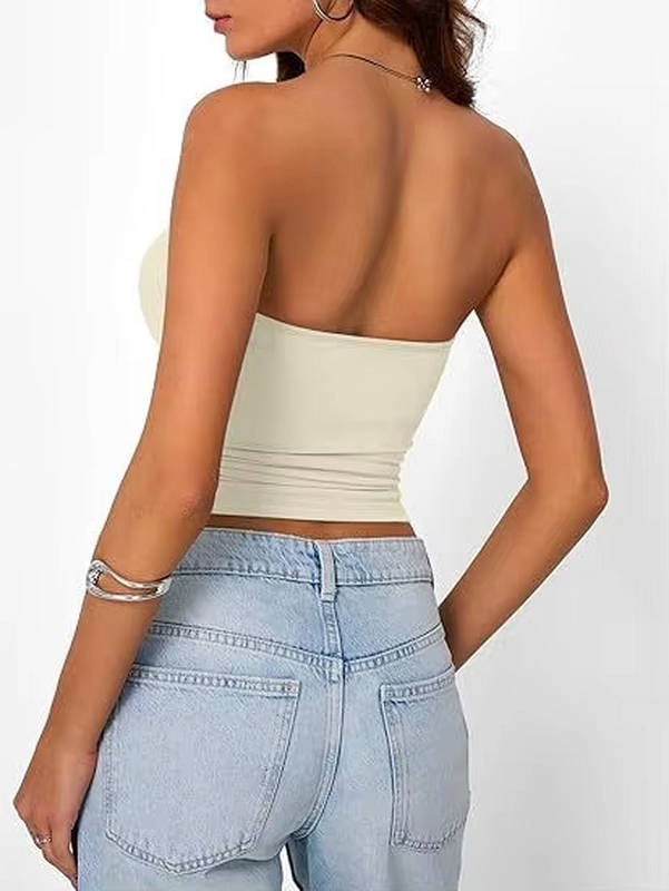 Seamless stretch bandeau crop top, ideal layering piece for women.