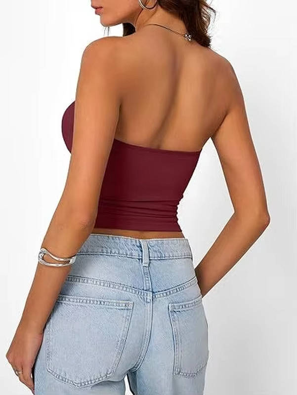Detail of the seamless stretch knit texture on women's bandeau crop top.