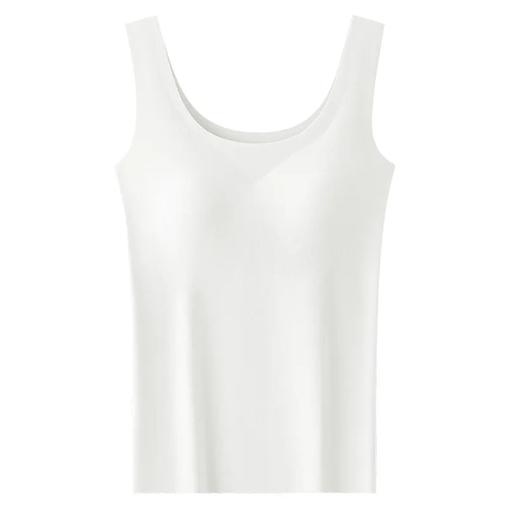 Close-up of women's seamless tank top fabric, showing built-in padded bra for smooth comfort.