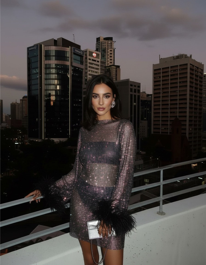 Women's round neck sequin mini cocktail dress, sheer sleeves & feather trim. Perfect for parties.