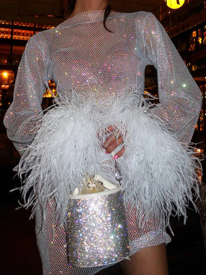 Women's sequin sheer sleeve mini cocktail dress with feather trim. Party, evening, special occasion.