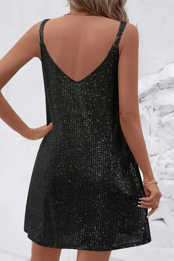 Fashionable women's sequin V-neck mini dress. Flowy swing silhouette for elegant special occasion style.