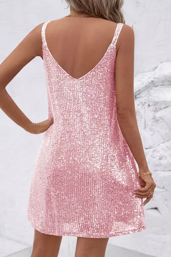 Elegant sequin V-neck mini swing dress for women, featuring adjustable straps, perfect for homecoming.