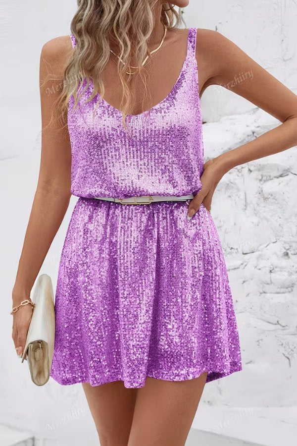 Dazzling women's sequin mini party dress with a V-neckline and comfortable swing style.