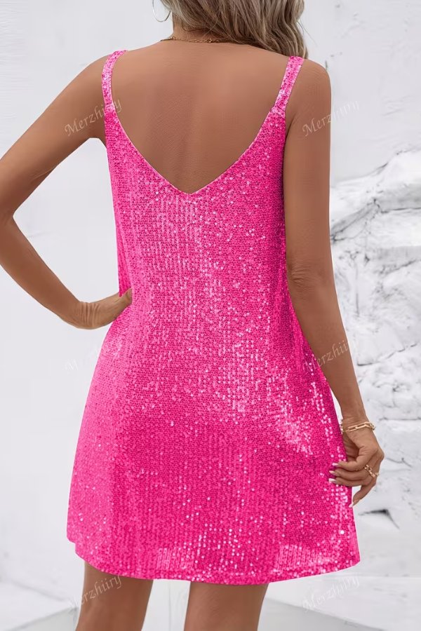 Women's glamorous sequin V-neck mini dress. Adjustable straps ensure a perfect fit for any occasion.