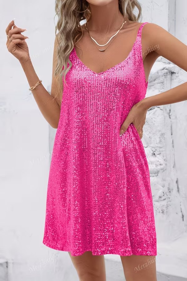 Stylish women's V-neck mini swing dress, adorned with sequins. Perfect for homecoming and celebrations.