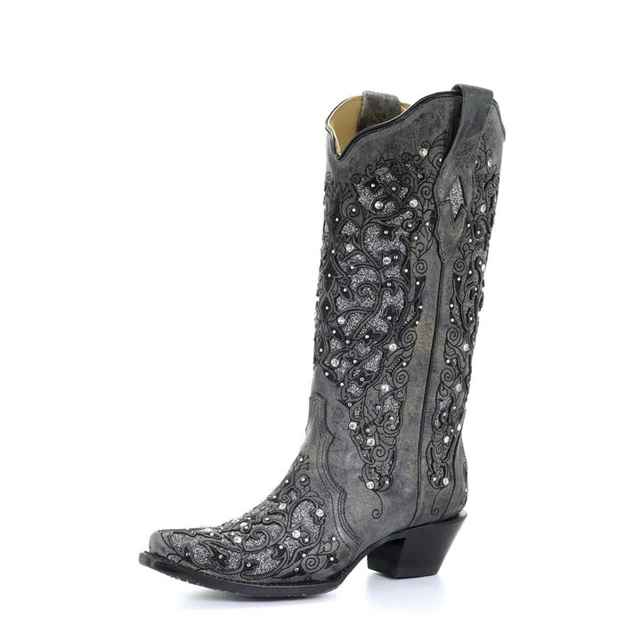 Glamorous party boots for women, covered in sequins with a sleek pointed toe and stable block heel.