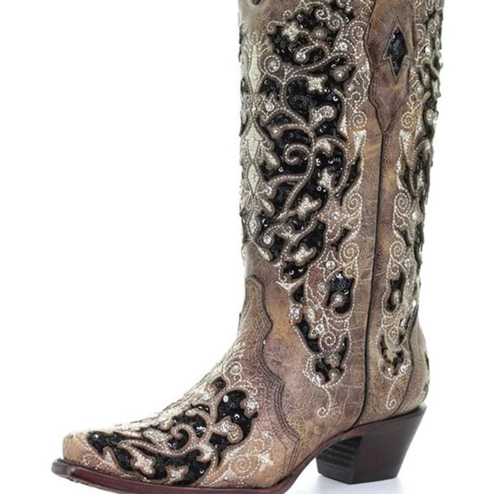 Eye-catching sequined knee-high boots for women, designed with a pointed toe and practical block heel.