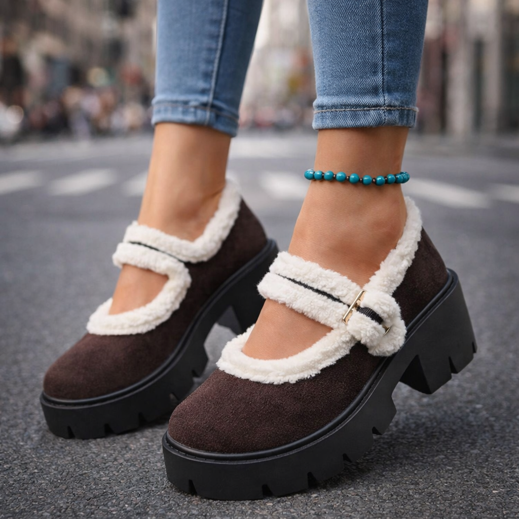 Women's Sherpa Platform Boots - tan suede with chunky sole & cozy sherpa lining, ideal winter fall footwear.