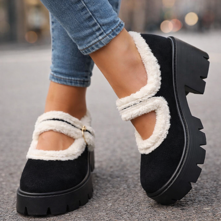 Pair of Women's Sherpa Platform Boots from side profile, highlighting orthopedic design & comfortable chunky sole.