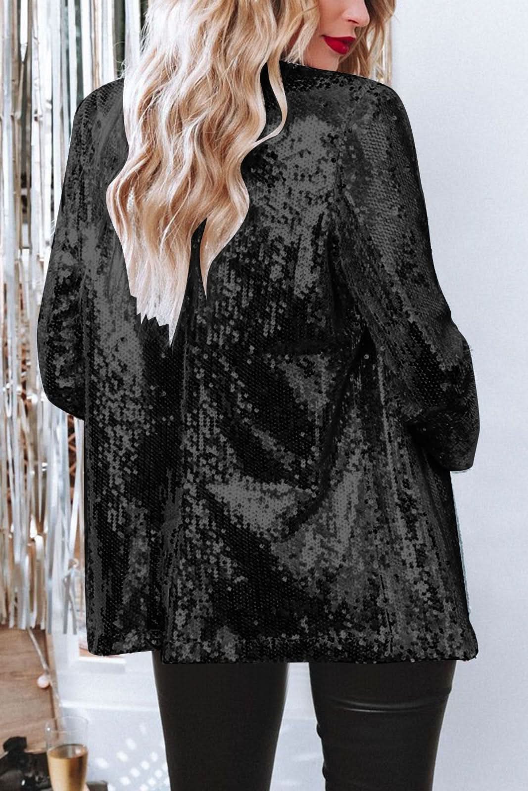 Chic hip-length women's sequin blazer, perfect party outerwear with a glamorous shimmer.