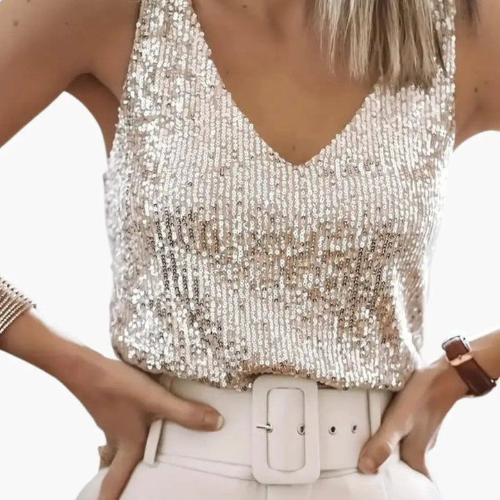 Glamorous women's sequin tank top, sleeveless, round neck, perfect for evening wear & layering.