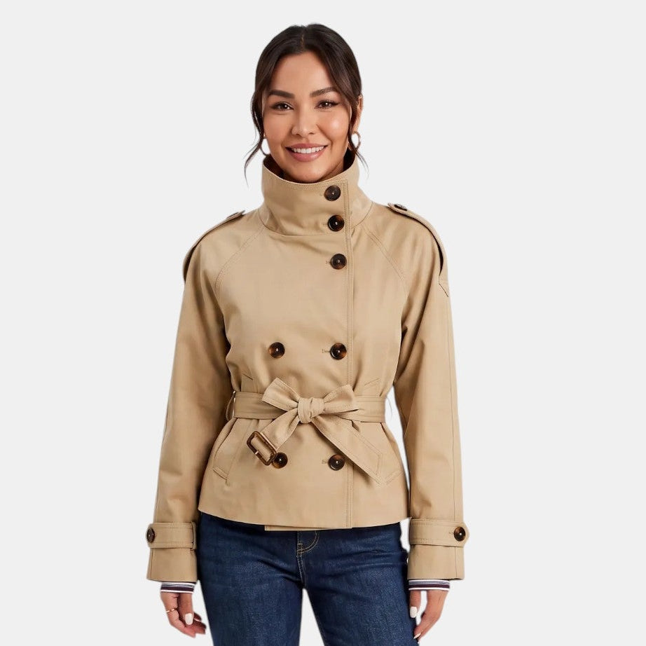 Classic women's short trench coat for spring/fall. Features an adjustable belt, great lightweight workwear & casual outerwear.