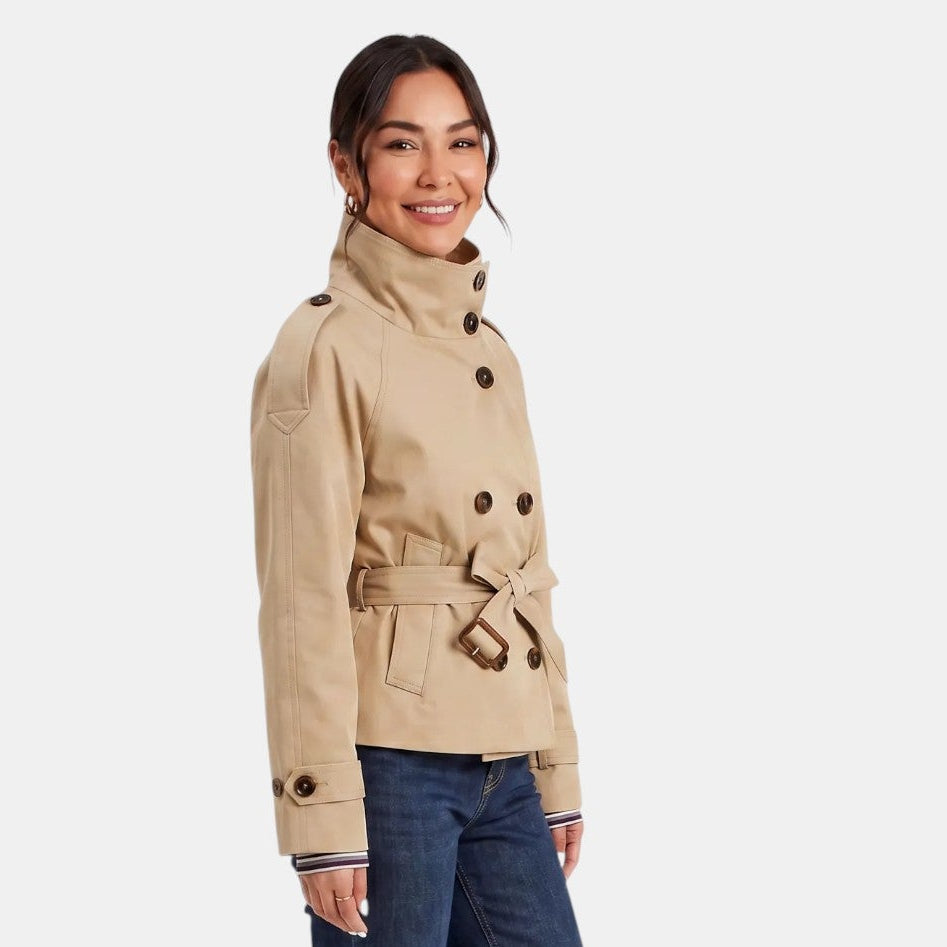Elegant women's short trench coat with adjustable belt, a fashionable spring/fall jacket for both work and casual wear.