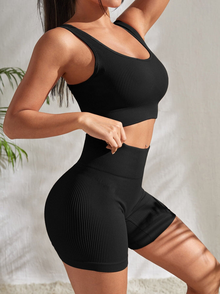 Front view of Sienna women's activewear set. Performance sports top & comfortable workout shorts.