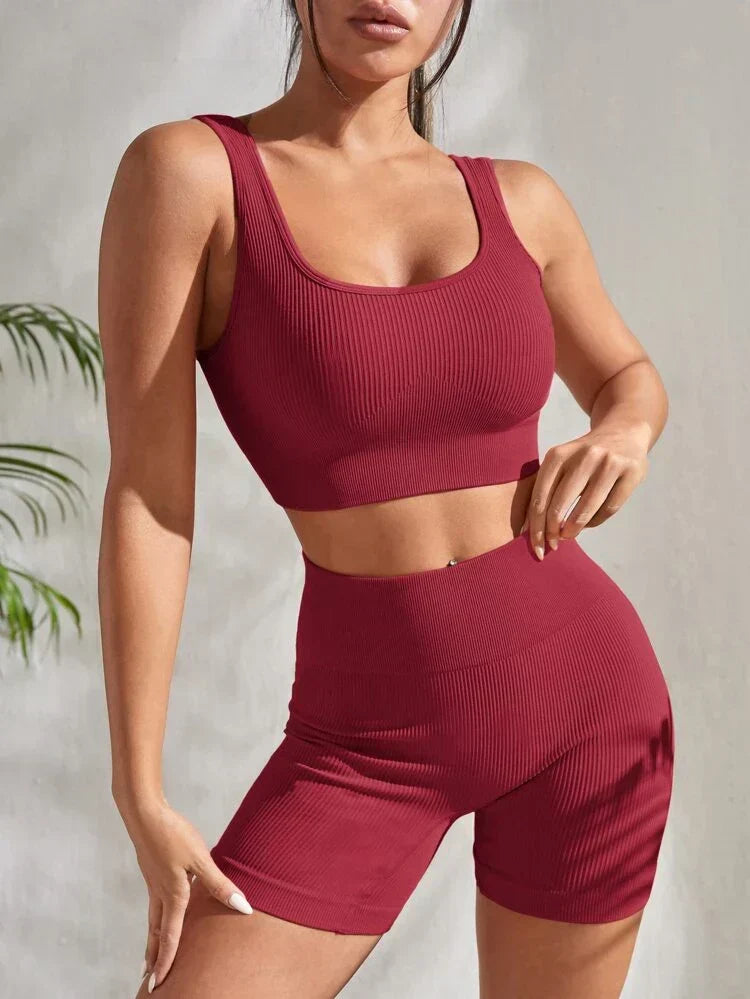 Comfortable women's athletic set in Sienna. Performance sports top & shorts for yoga & fitness.