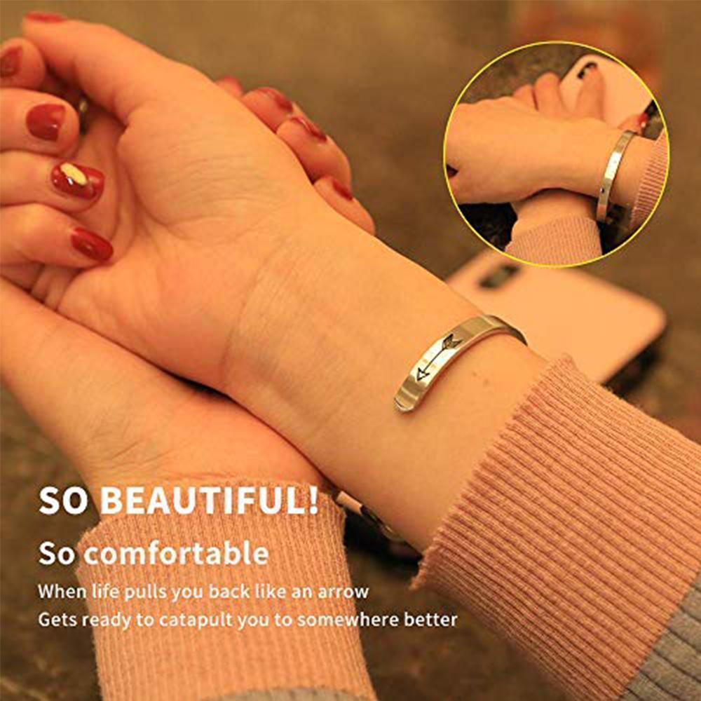 Gift box showcasing a women's engraved inspirational stainless steel cuff bangle