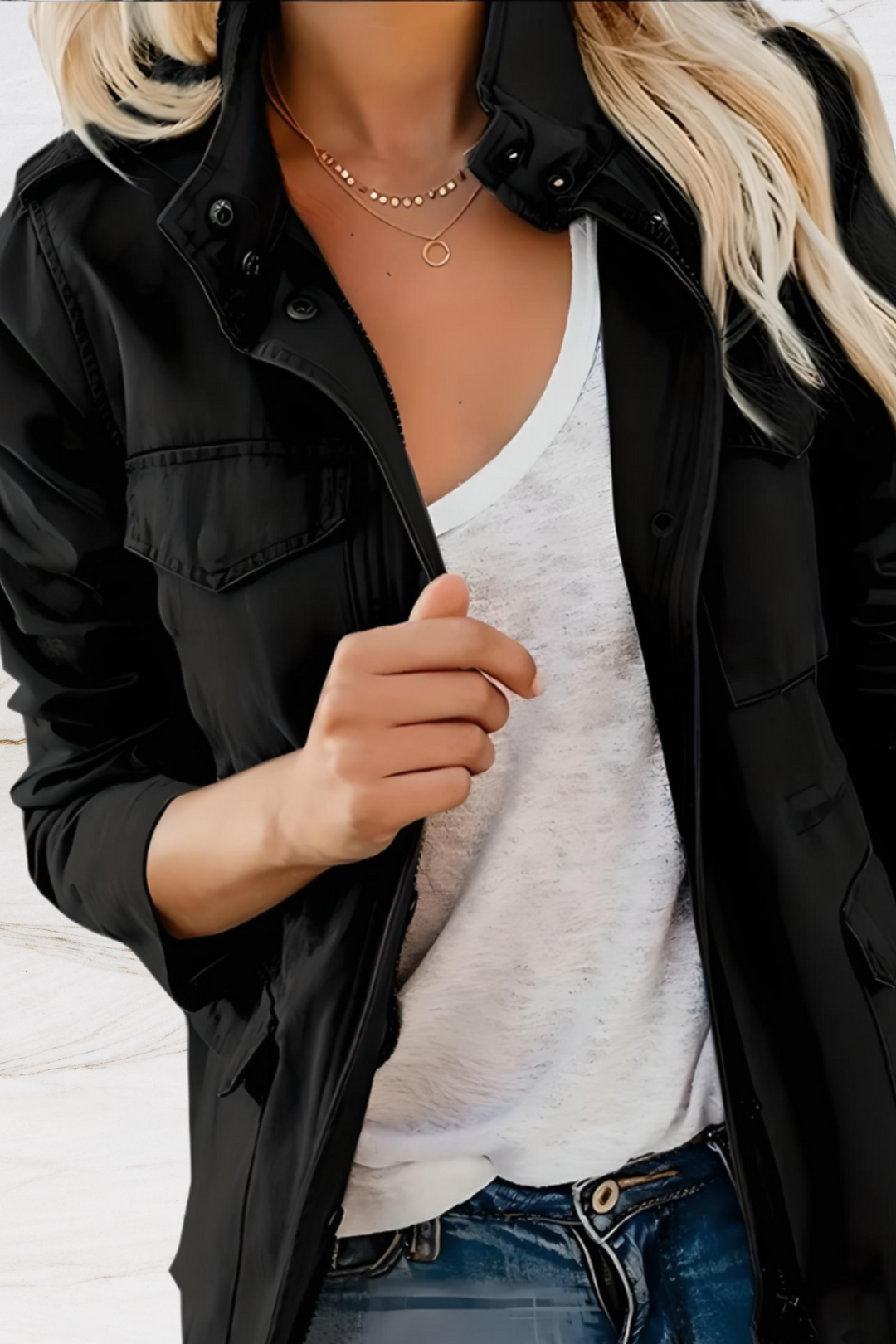 Women's sleek open front jacket, a versatile fashion outerwear piece for office or casual style.