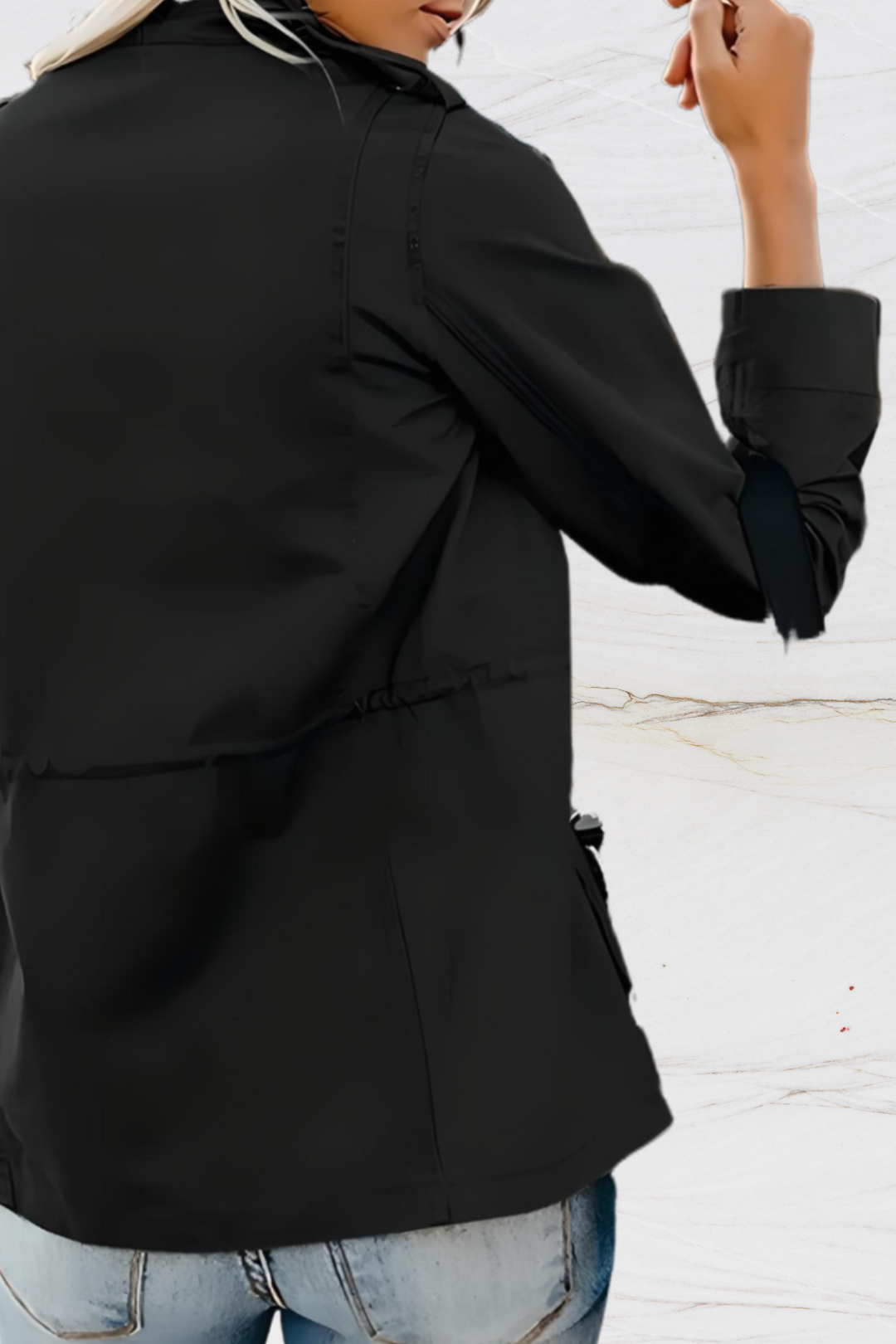 Elegant women's sleek jacket, an effortless open front design ideal for professional or everyday wear.