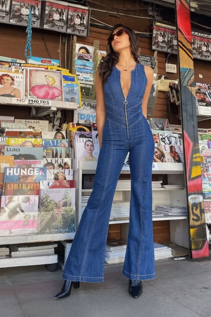 Women's sleek tailored deep V-neck jumpsuit. Elegant one-piece for versatile modern fashion & evening wear.