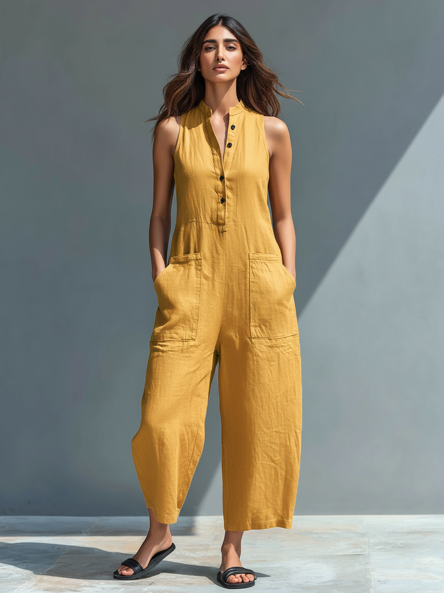 Stylish women's button-up jumpsuit featuring a stand collar & sleeveless design for travel.