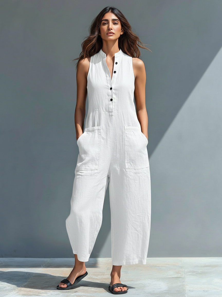 Comfortable women's sleeveless jumpsuit, full-length with button-up front & stand collar.