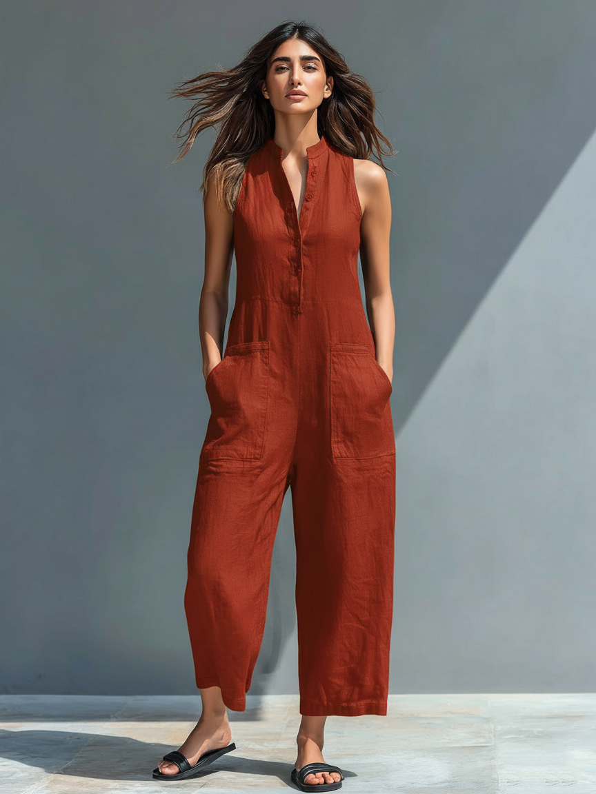Casual women's sleeveless jumpsuit, loose fit, button-up, great for spring/summer travel.