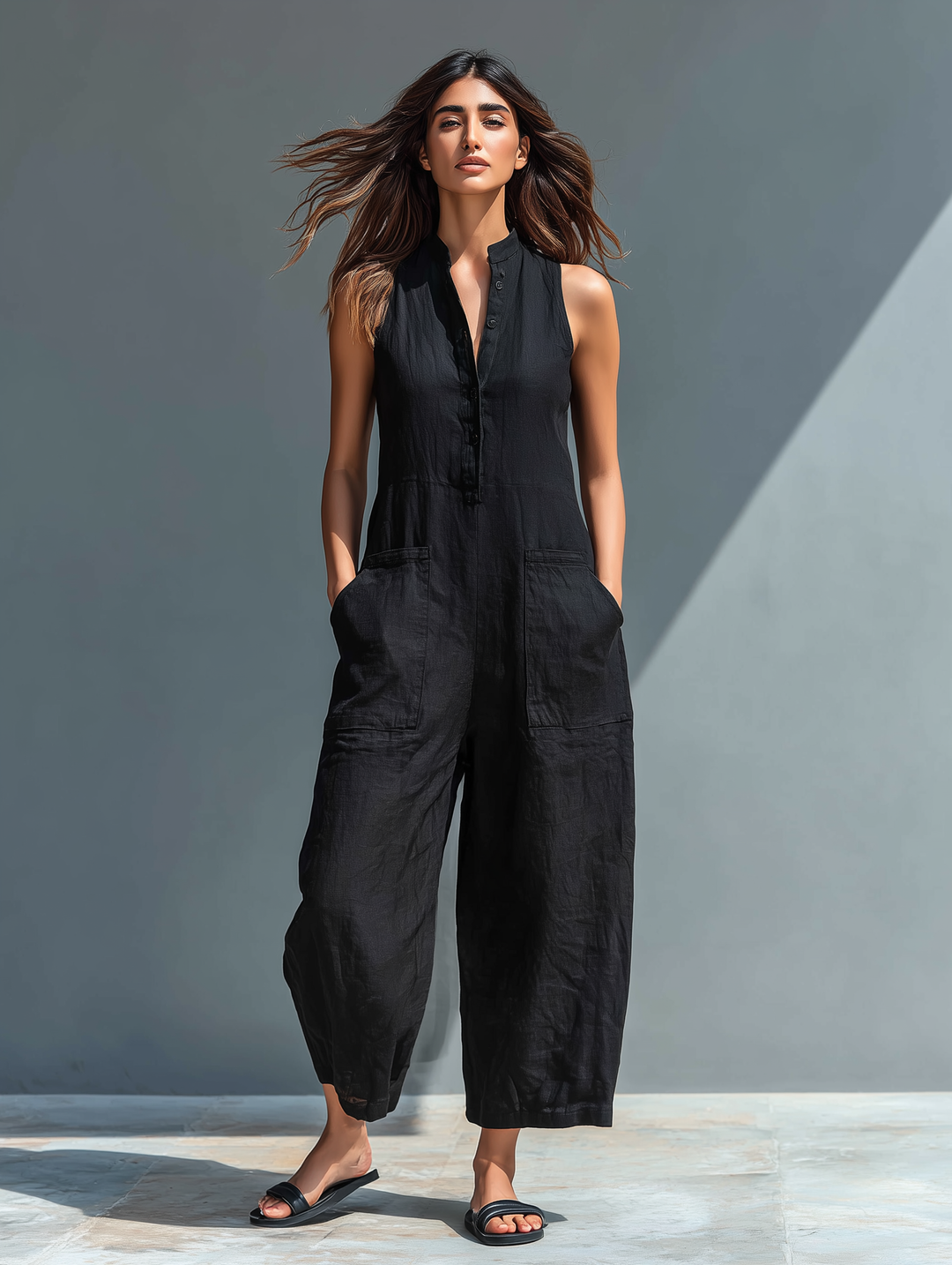 Women's casual sleeveless button-up jumpsuit with stand collar, loose fit for summer travel.