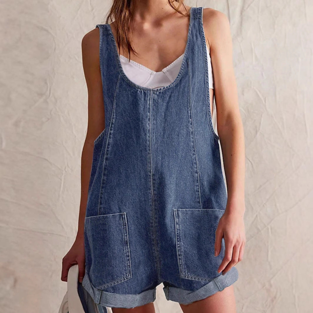 Blue denim sleeveless romper for women, ideal for summer, with practical front & back pockets.