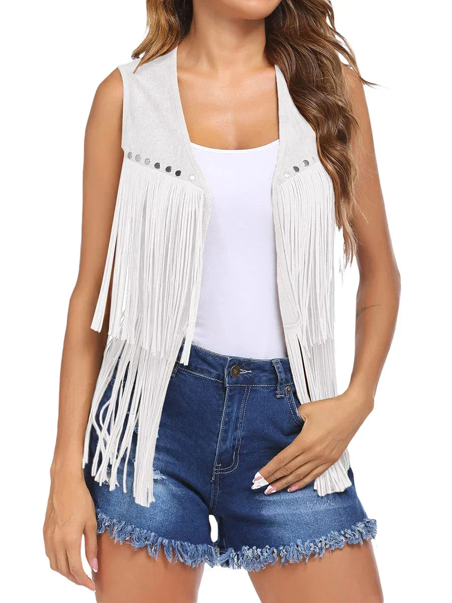 Women's casual layering vest, sleeveless with stylish fringe and open front.