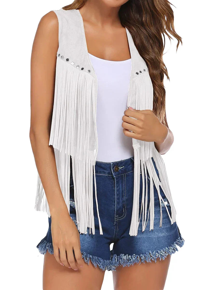 Statement women's studded fringe vest, sleeveless and open front for a chic look.
