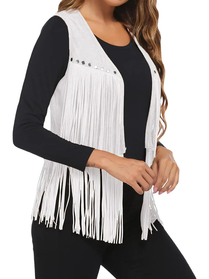 Boho chic women's studded sleeveless vest, featuring an open front and elegant fringe.