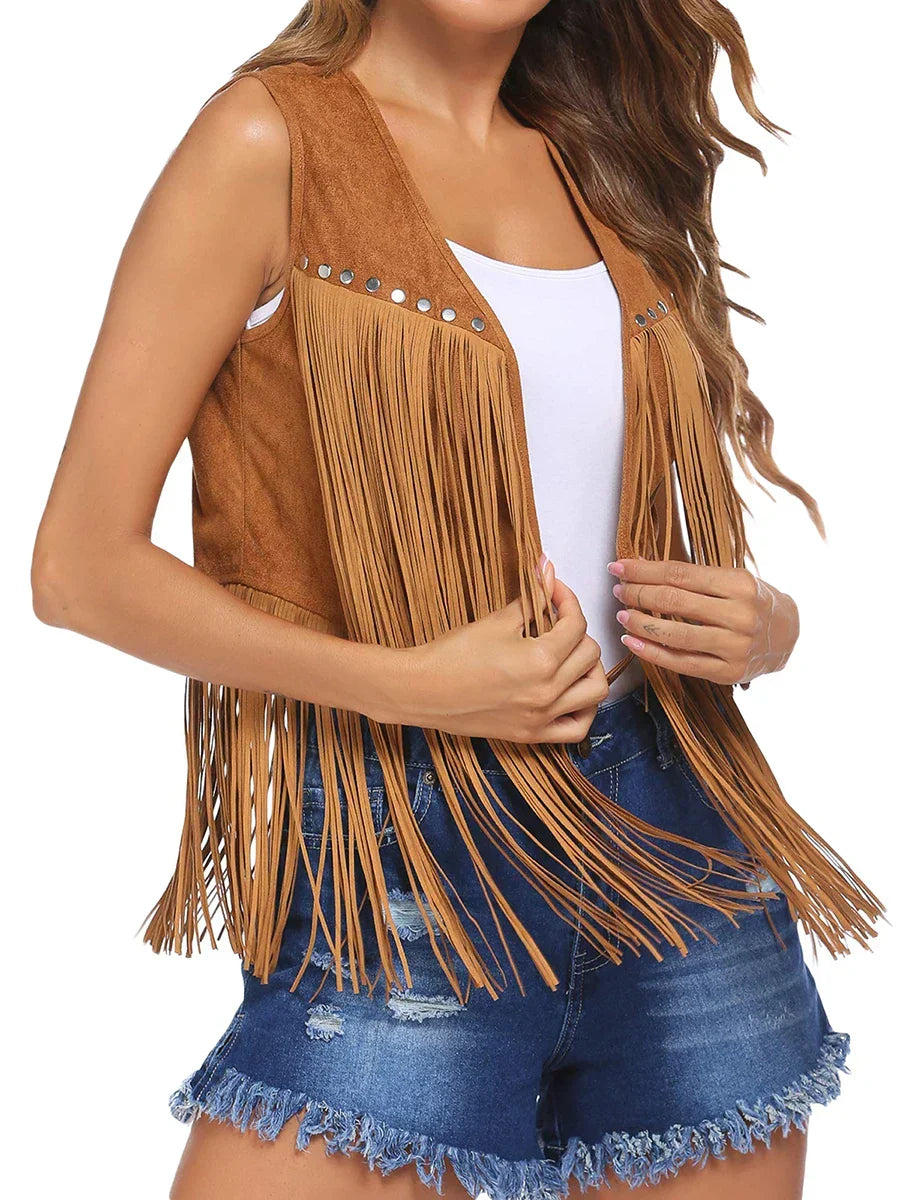 Trendy women's open front vest, sleeveless with fashionable fringe details.
