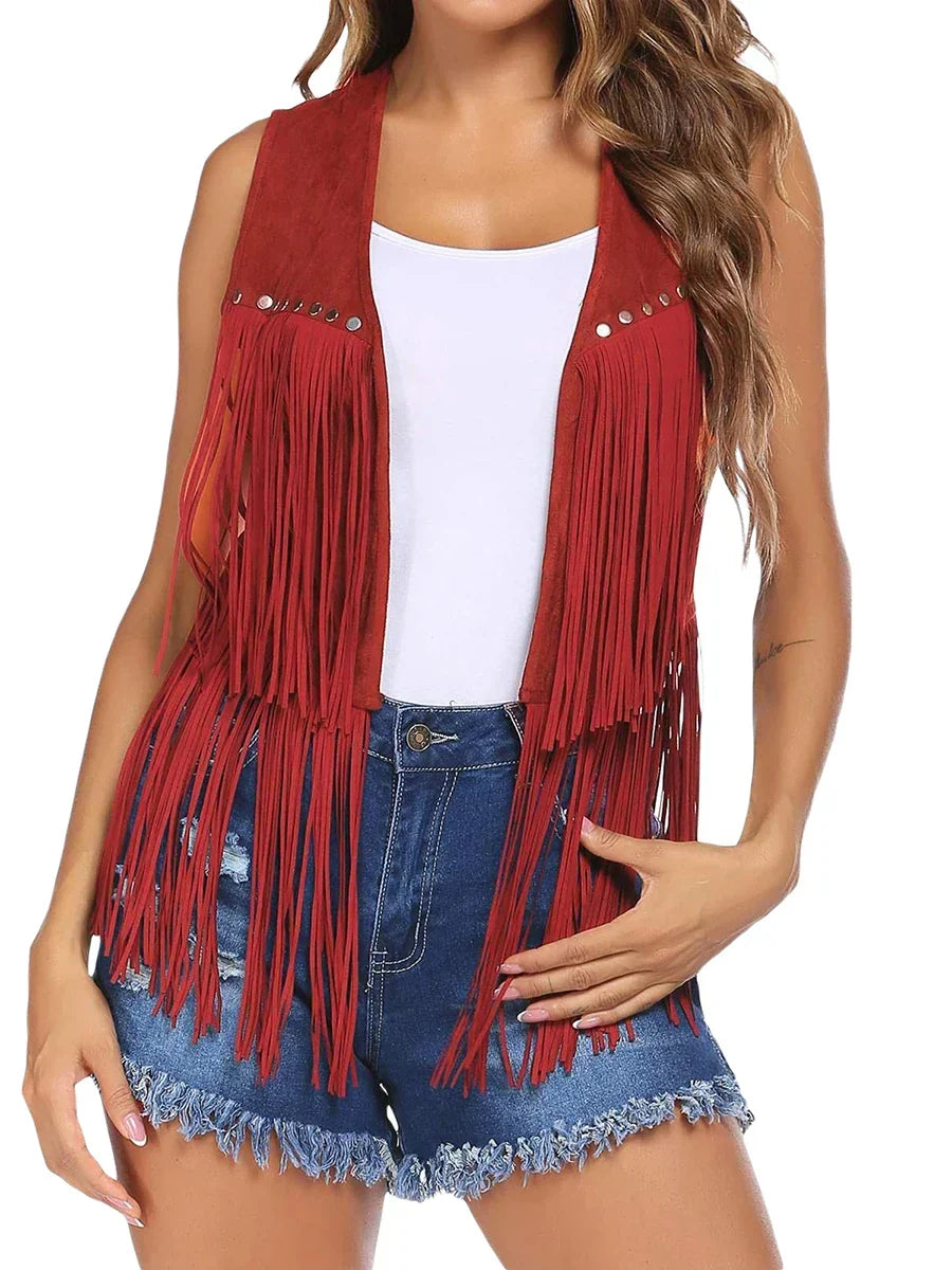 Sleeveless open front layering vest for women, featuring chic fringe accents.