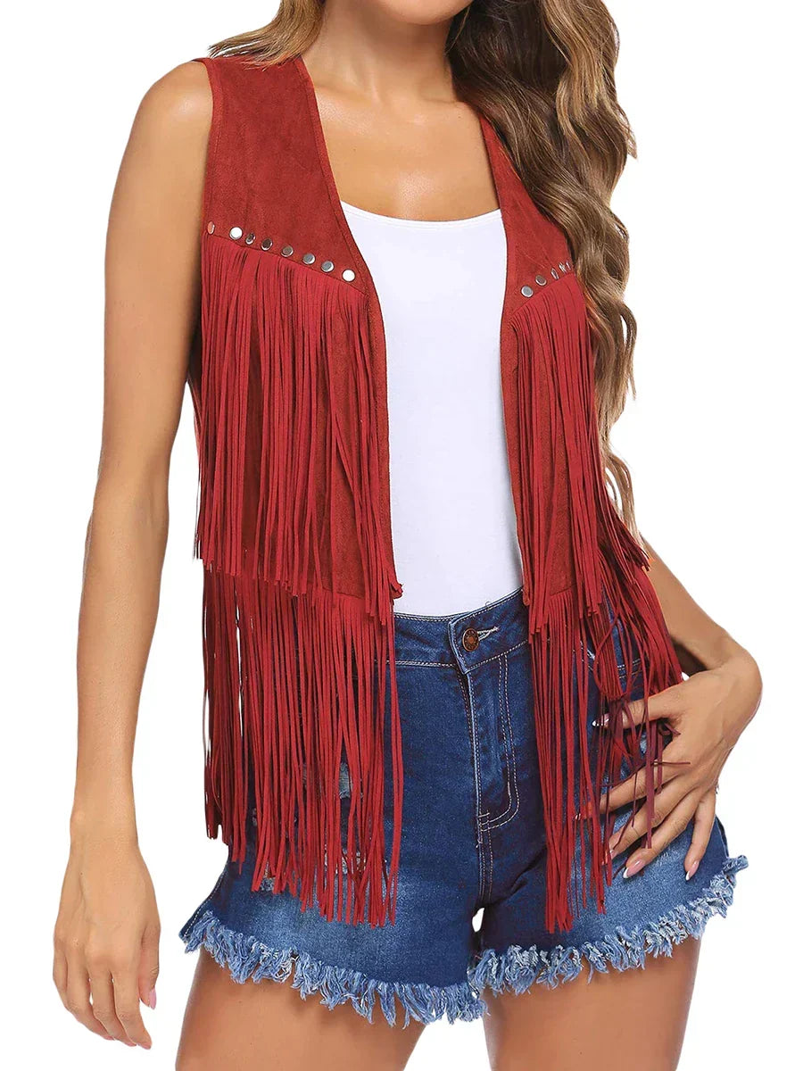 Stylish women's vest with fringe, sleeveless and open front for easy layering.