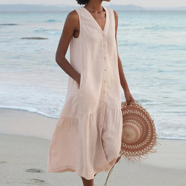 Women's sleeveless midi dress with button-front, V-neck, and tiered skirt. Perfect for summer casual or elegant wear.