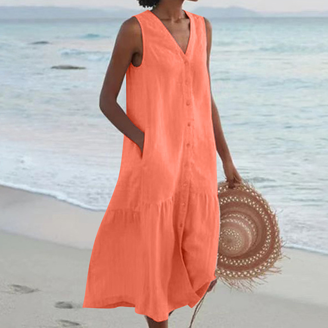 Stylish women's sleeveless midi dress showcasing a flattering V-neck, full button-front, and elegant tiered skirt.