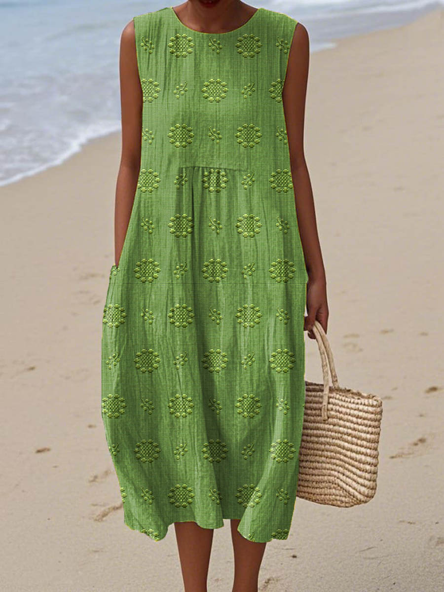 Women's sleeveless midi dress with elegant round neck, perfect for casual summer wear. Comfortable & flowy.