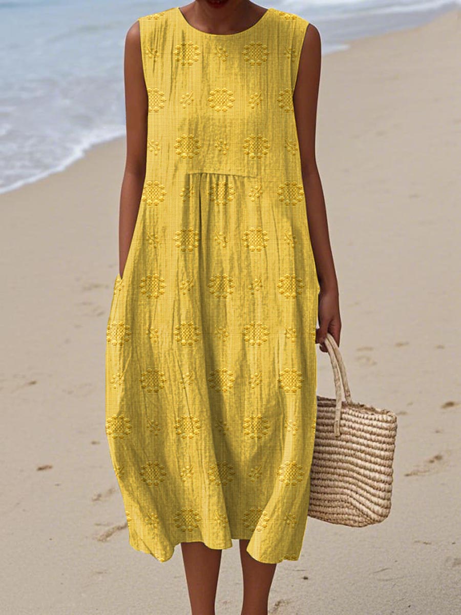 Elegant women's sleeveless midi dress. Round neck, flowy casual style for comfortable summer & everyday wear.