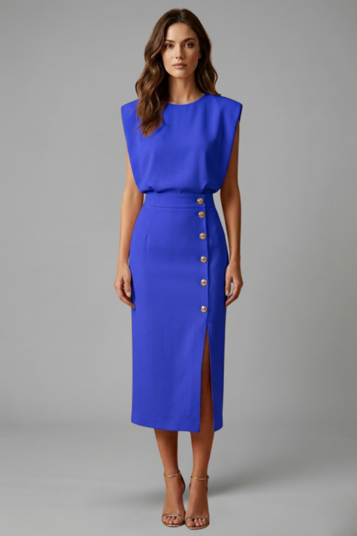 Elegant women's sleeveless midi dress with button slit. Ideal for sophisticated spring/summer events & parties.
