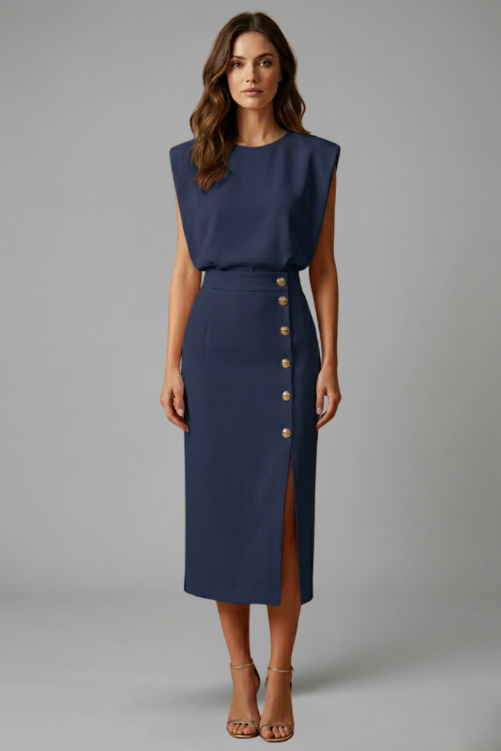 Sleek women's sleeveless midi dress with a round neck and modern side button slit for versatile styling.