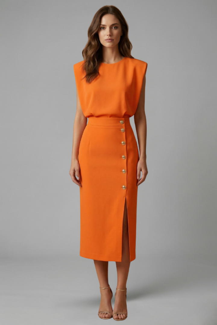 Comfortable & chic women's sleeveless midi dress, ideal for daytime outings or evening gatherings. Button slit.