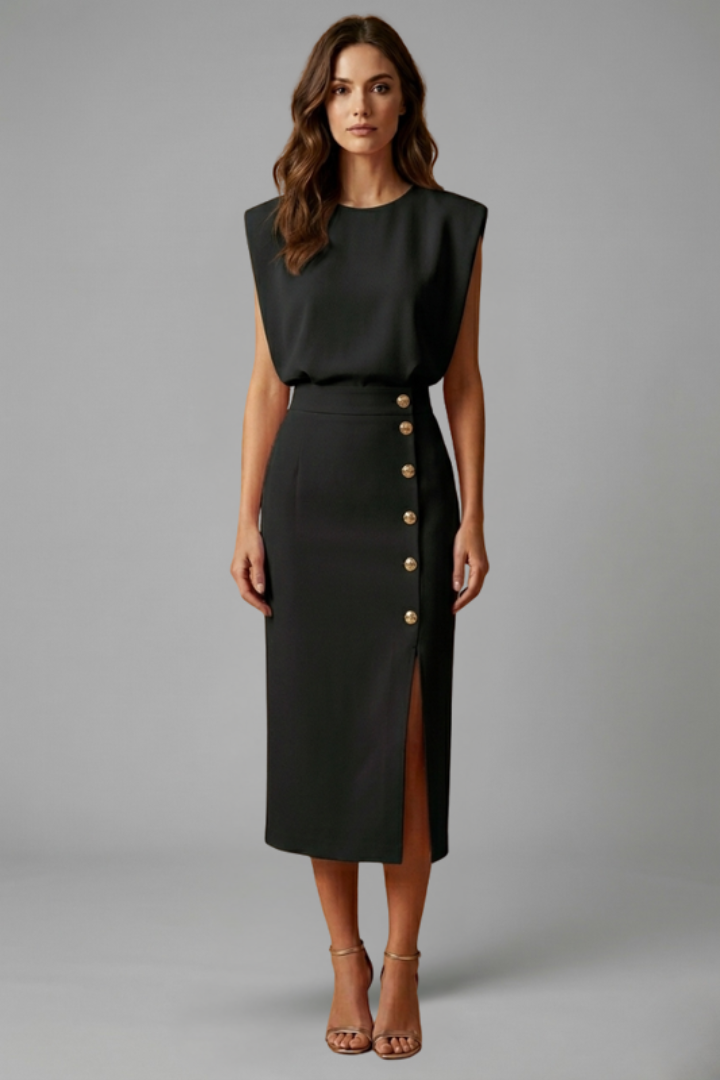 Back view of a women's sleeveless midi dress, showcasing its flattering fit and elegant solid color design.
